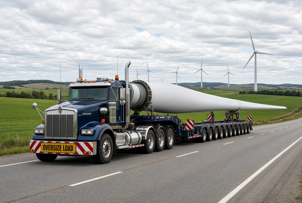 Heavy haul truck moving a wind turbine blade