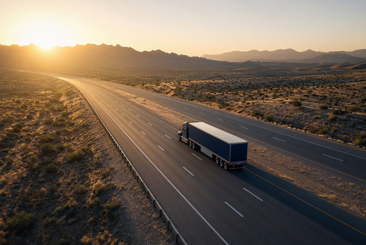 Premium navy freight truck on an open highway at sunset