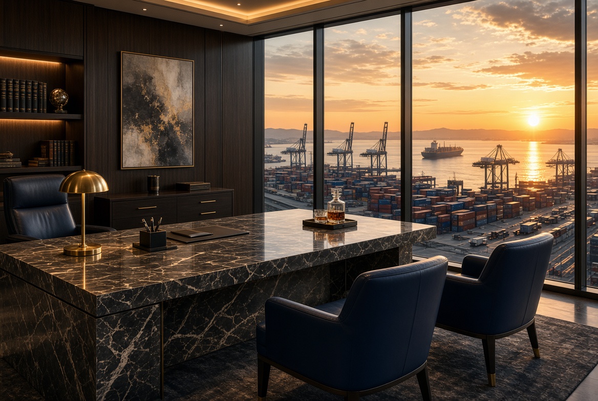 Private office overlooking a shipping port