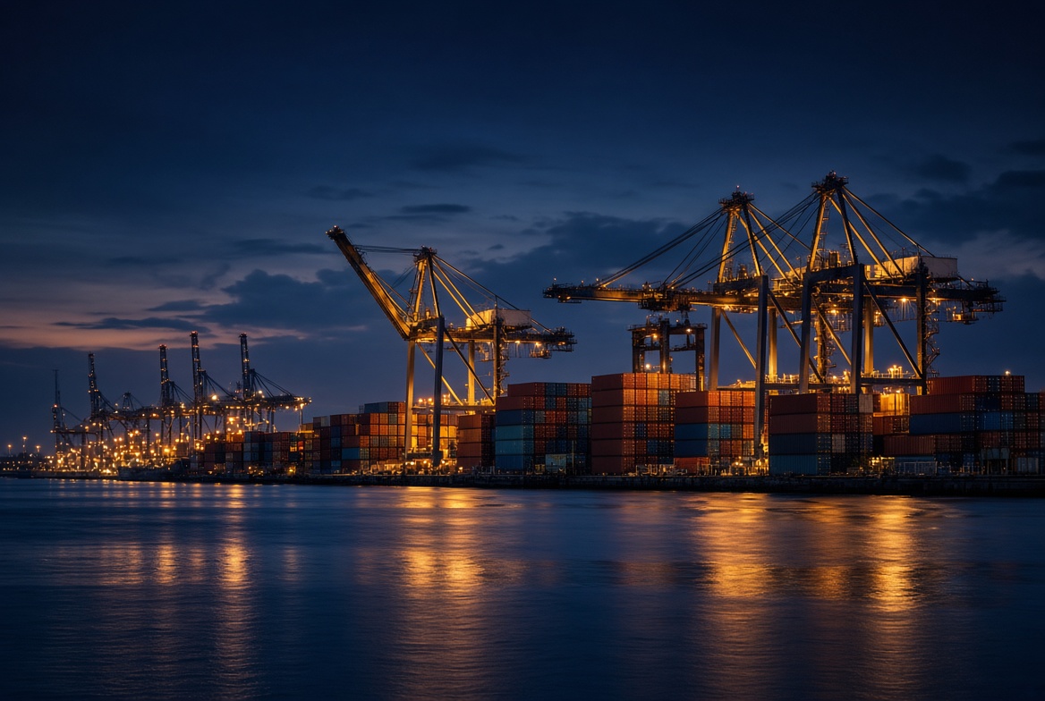 Container port at sunset